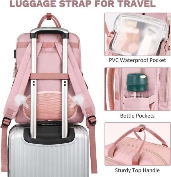 Mancro Travel Backpack for Women, 15.6 Inch Laptop Backpack with USB Charging Port, Waterproof Business Work Backpacks, Fashion College Backpack Gifts for Women, Pink - Image 4