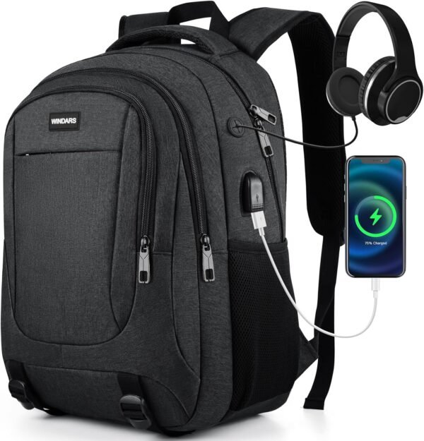 Backpack for Men and Women, School Backpacks for Teens Boys, 15.6 Inch Large College Bookbag Durable Computer Laptop Bag with USB Charger Port for Business Work Travel, Black