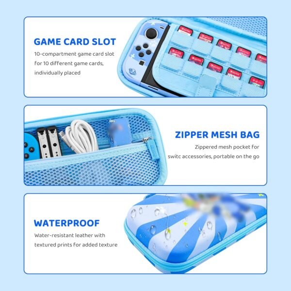 RHOTALL 8 in 1 Cute Travel Carrying Case for Nintendo Switch OLED,Hard Shell Portable Carry Case with 10 Game Card Slots,Protector Cover,Screen Protector,Strap,2 Thumb Caps for Boy Girl Kid -Blue stit - Image 5