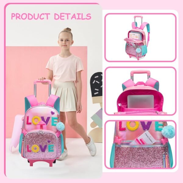 HTgroce 3PCS Rolling Backpack for Girls, Girls Glitter Bookbag with Roller Wheels, Kindergarten Wheeled Backpack for Girls with Lunch Box - Image 5