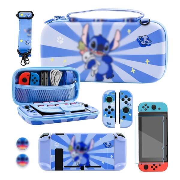 RHOTALL 8 in 1 Cute Travel Carrying Case for Nintendo Switch,Hard Shell Portable Carry Case with 10 Game Card Slots,Protector Cover,Screen Protectors,Strap,2 Thumb Caps for Boys Girls Kids -Blue stit