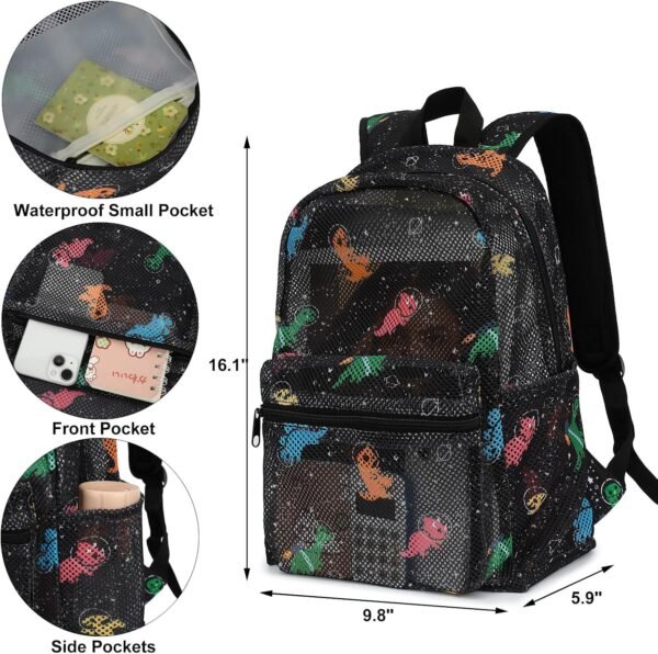 Mesh Backpack for Girls Women, Semi-Transparent Kids School Backpack College Bookbag for Beach Gym Travel (Dinosaur) - Image 3