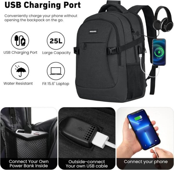 Travel Laptop Backpack, 15.6 Inch Large School Backpacks for Teens Boys, Water Resistant Business Men Computer Bag Durable Women Back Pack with USB Charging Port for College Work, Black - Image 6