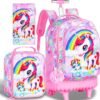 UFNDC 3PCS Rolling Backpack for Girls, Kids Unicorn School Backpacks with Wheels，Travel Roller Wheeled Bookbag