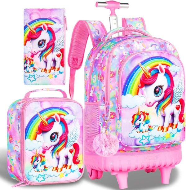 UFNDC 3PCS Rolling Backpack for Girls, Kids Unicorn School Backpacks with Wheels，Travel Roller Wheeled Bookbag