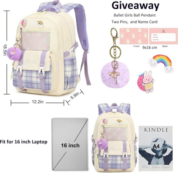 AO ALI VICTORY Girls Backpack 15.6 Inch Laptop School Bag Cute Kids Elementary College Backpacks Large Bookbags for Teen Girl Women Students Anti Theft Travel Daypack - Beige - Image 6