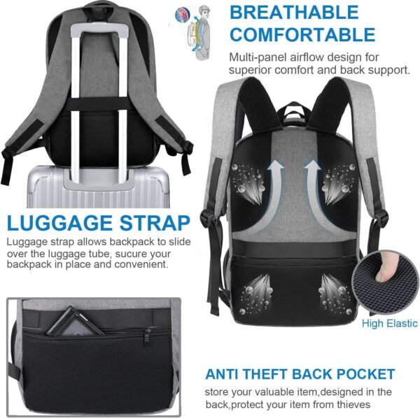 Naukay Carry on Backpack, Travel Laptop Backpack, TSA 17.3 Inch Extra Large Laptop Backpack for Women Men, Water Resistant Business Backpack Backpack with USB Charging Port, Grey - Image 5