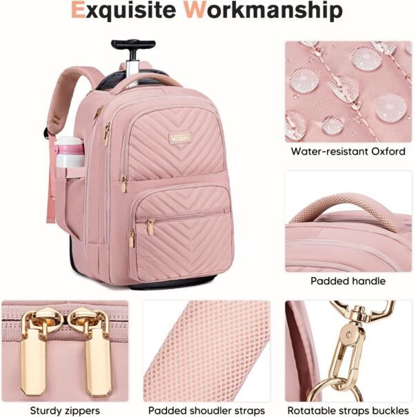 Rolling Backpack for Women Adults with wheels, Travel Backpack Carry on Luggage 22x14x9 Airline Approved, 17.3 Inch Laptop Backpack Bag with Wheels, Large Wheeled Backpack for Travel Work Business - Image 3