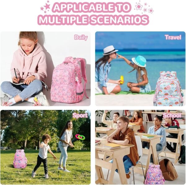 Kids Backpack, Kawaii Printed Girls Bookbags for Preschool, Lightweight School Backpack for Primary and Elementary and Kindergarten, Waterproof Teen Backpacks, Pink/Rainbow - Image 7