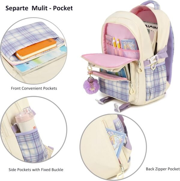 AO ALI VICTORY Girls Backpack 15.6 Inch Laptop School Bag Cute Kids Elementary College Backpacks Large Bookbags for Teen Girl Women Students Anti Theft Travel Daypack - Beige - Image 5