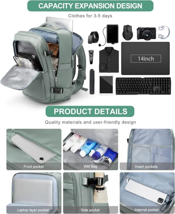 VGCUB Large Travel Backpack for Women Men,Waterproof Laptop Carry on Backpack,Personal Item Size Airline Approved Work Backpack Casual Daypack Rucksack with Shoe Compartment,Green - Image 2