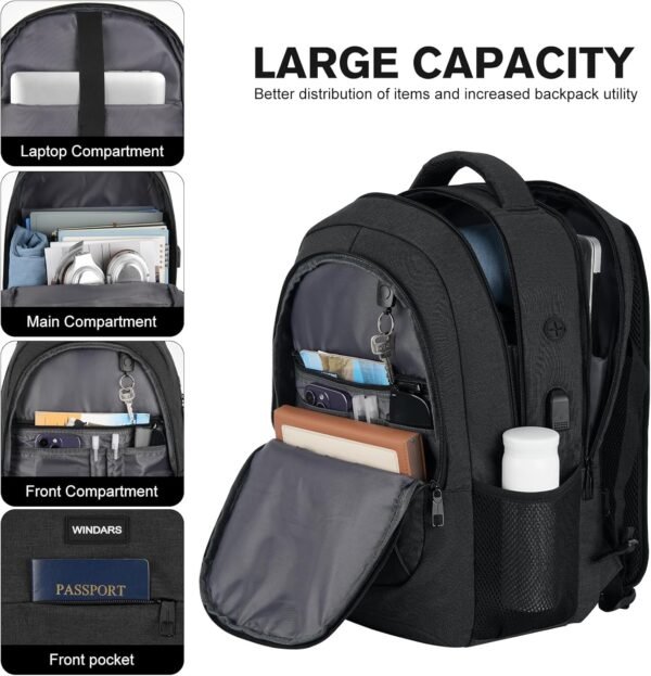 Travel Laptop Backpack, 15.6 Inch Large School Backpacks for Teens Boys, Water Resistant Business Men Computer Bag Durable Women Back Pack with USB Charging Port for College Work, Black - Image 2