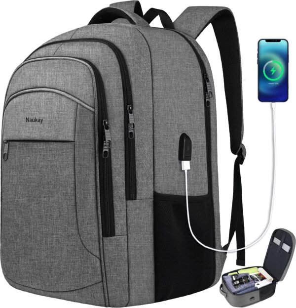 Naukay Carry on Backpack, Travel Laptop Backpack, TSA 17.3 Inch Extra Large Laptop Backpack for Women Men, Water Resistant Business Backpack Backpack with USB Charging Port, Grey