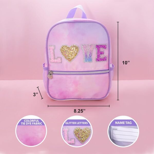 FROG SAC Mini Toddler School Backpack for Girls, Pink Preschool Kids Backpacks, Small Daycare School Bookbag, Tie Dye Glitter Little Girl Travel Back Pack Bag (LOVE - Tie Dye) - Image 4