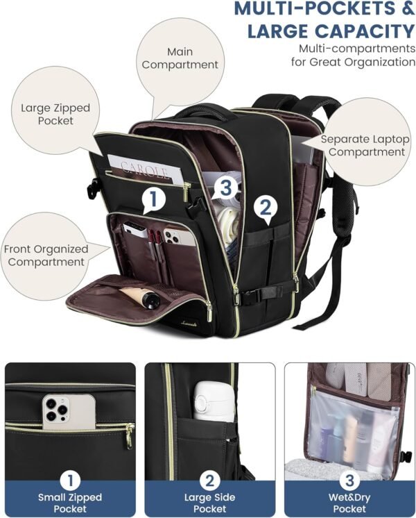 LOVEVOOK Travel Backpack For Women,40L Carry On Backpack Flight Approved,TSA Personal Item Travel Bag Fits 17 Inch Laptop,Business Weekender Overnight Daypack with Toiletry Bag and Cube,Black - Image 3