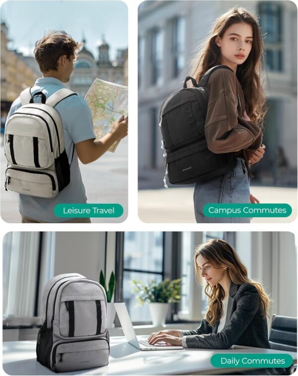 BAGSMART College Backpack Bookbag, 15.6" Laptop Backpack, Travel Backpack for Women Daypack Ergonomic Shoulder Straps,Lightweight,Multi-Compartment Work Bag Computer Backpacks for Men, Beige - Image 2