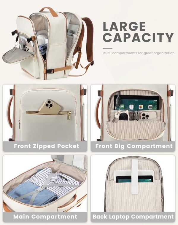 LOVEVOOK Travel Backpack Women, Flight Approved Carry On with 17.3inch Laptop Compartment, Personal Item with 3 Packing Cubes, Perfect for College, Hiking, Overnight - Beige - Image 3