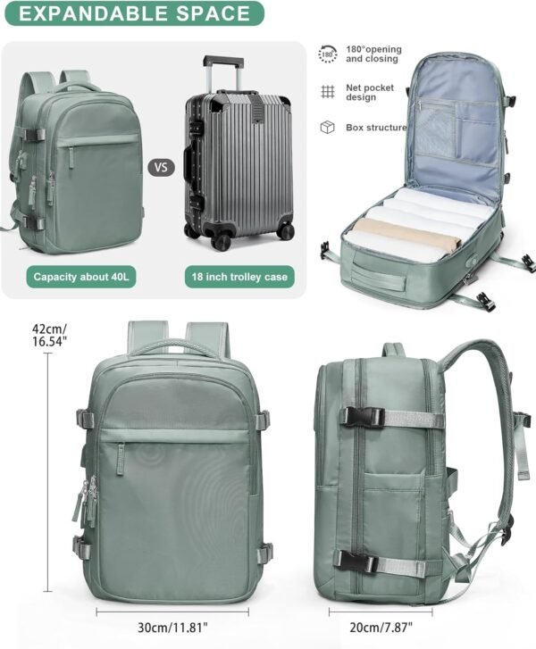 VGCUB Large Travel Backpack for Women Men,Waterproof Laptop Carry on Backpack,Personal Item Size Airline Approved Work Backpack Casual Daypack Rucksack with Shoe Compartment,Green - Image 5