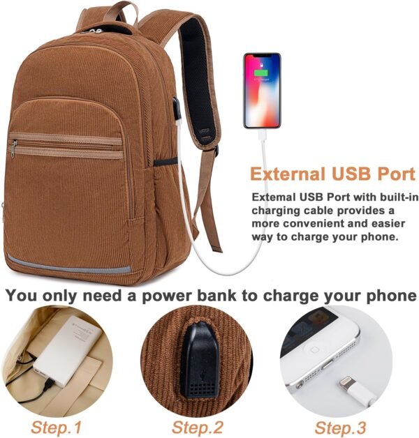 Bluboon Backpack for Women 15.6 Inch Laptop Bookbag College School Backpack Girls Schoolbag Compartment Daypack for Business Travel with USB Charging Port（Corduroy Coffee - Image 7