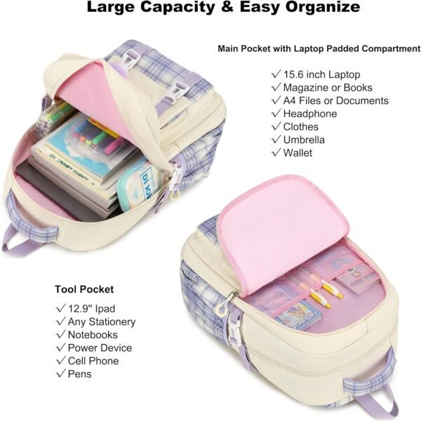 AO ALI VICTORY Girls Backpack 15.6 Inch Laptop School Bag Cute Kids Elementary College Backpacks Large Bookbags for Teen Girl Women Students Anti Theft Travel Daypack - Beige - Image 4