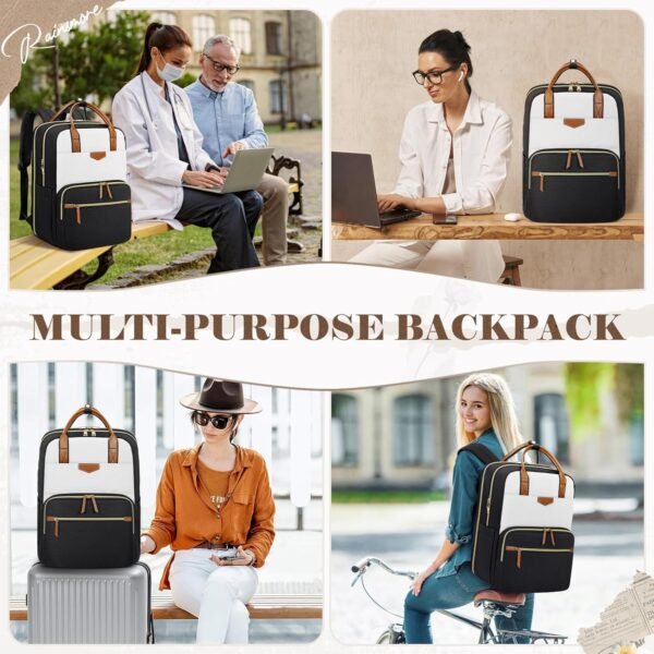 RAINSMORE Backpack for Women, 15.6 Inch Laptop Travel Backpack College Computer Backpack Teacher Nurse Work Backpack Waterproof Casual Daypack Bookbag Purse Backpack for Office Travel, White-Black - Image 7