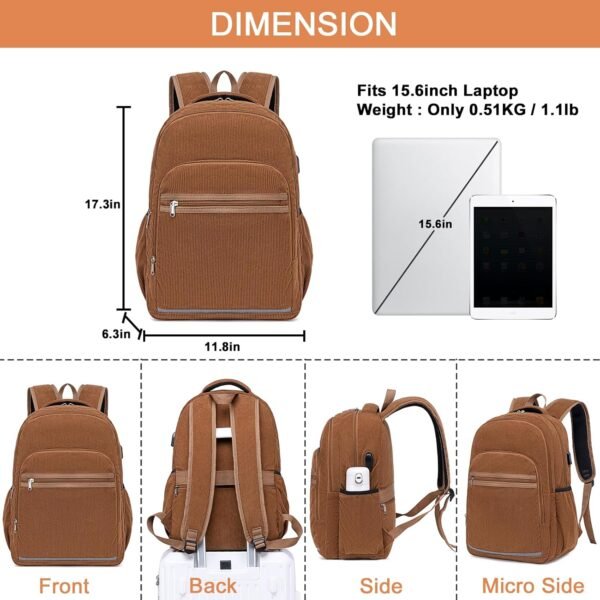 Bluboon Backpack for Women 15.6 Inch Laptop Bookbag College School Backpack Girls Schoolbag Compartment Daypack for Business Travel with USB Charging Port（Corduroy Coffee - Image 2