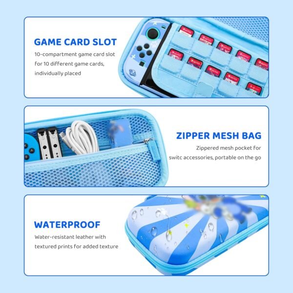 RHOTALL 8 in 1 Cute Travel Carrying Case for Nintendo Switch,Hard Shell Portable Carry Case with 10 Game Card Slots,Protector Cover,Screen Protectors,Strap,2 Thumb Caps for Boys Girls Kids -Blue stit - Image 5