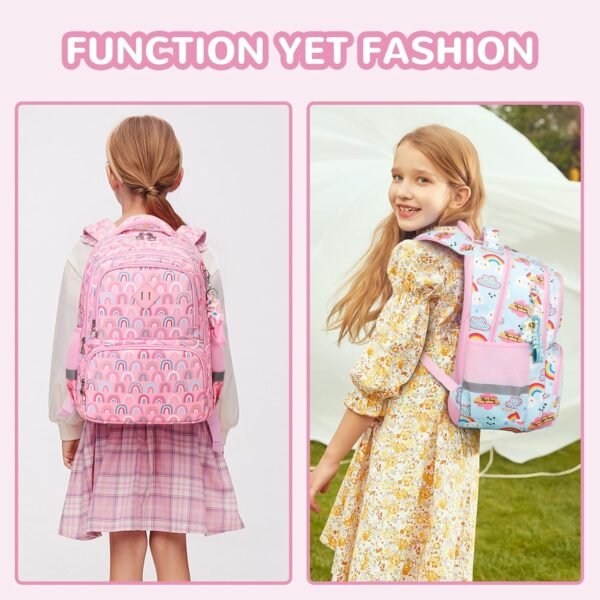 Kids Backpack, Kawaii Printed Girls Bookbags for Preschool, Lightweight School Backpack for Primary and Elementary and Kindergarten, Waterproof Teen Backpacks, Pink/Rainbow - Image 2