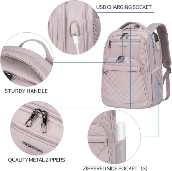 KROSER Travel Laptop Backpack 17 Inch Large Computer Backpack Water-Repellent Daypack with USB Charging Port & Headphone Interface RFID Pockets for Work/Business/College/Men/Women Dusty Pink(Quilted) - Image 3