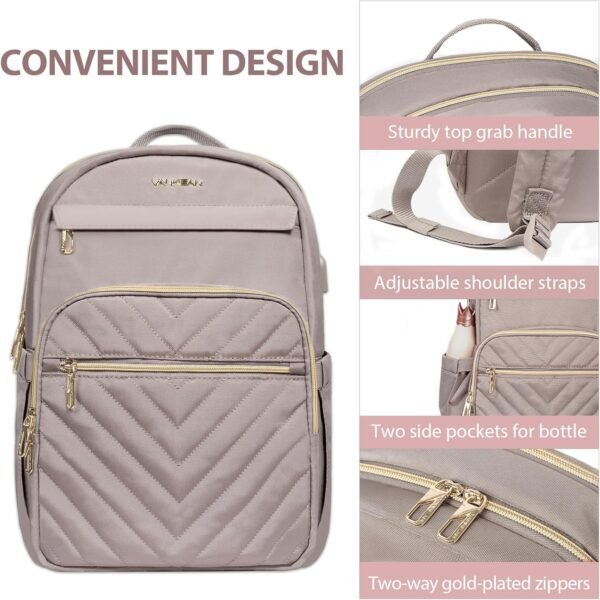 VANKEAN 15.6 Inch Laptop Backpack for Women Work Bag Fashion with USB Port, Waterproof Stylish Travel Bags Casual Daypacks for College, Business, Light Dusty Pink - Image 6