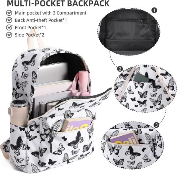 Backpack for Girls, Lightweight Butterfly School Backpack, Waterproof Travel Backpack, 15.6 inch Laptop Bag for Elementary, High School, Girls, Teens, Women - Image 3