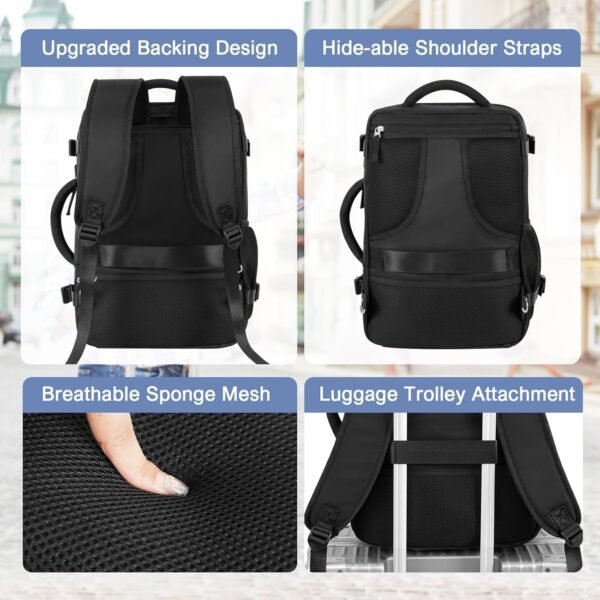 Backpack for Men Women, Black Backpack for Traveling on Airplane, Weekender Carry on Backpack Bag, Personal Item Backpack Flight-approved - Image 6