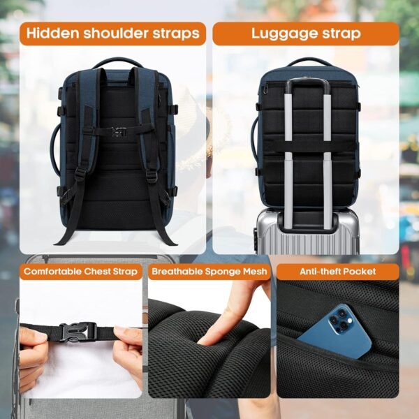 POWAITER Carry on Backpack, Large Travel Laptop Backpack 40L, 17 Inch Flight Approved Luggage Backpack for Men & Women with 4 Packing Cubes, Great for Airplanes - Ocean Navy - Image 4