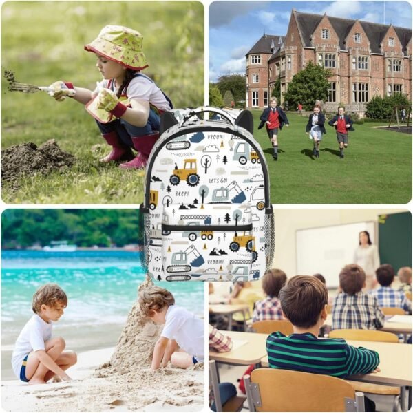 Toddler Backpack for Boys Age 3-8 Kids Construction Truck Excavator Bookbag for Kindergarten Preschool Water Resistance Cute Mini Small Simple Travel Daypack (White) - Image 4