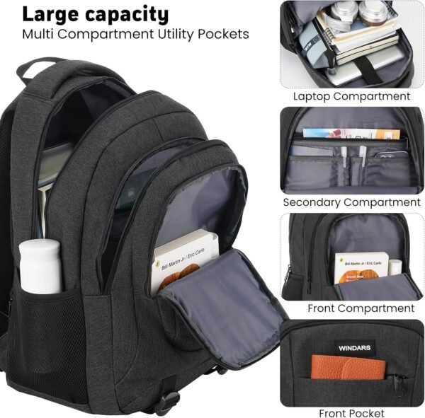 Backpack for Men and Women, School Backpacks for Teens Boys, 15.6 Inch Large College Bookbag Durable Computer Laptop Bag with USB Charger Port for Business Work Travel, Black - Image 2