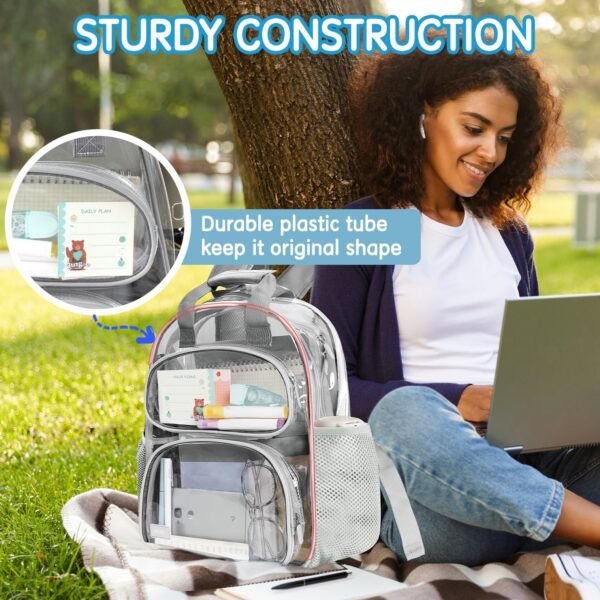 deli Clear Backpack for School, Heavy Duty PVC Transparent Bookbag for Boys and Girls, See Through Backpack for College Work Travel, Grey - Image 6