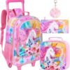 4PCS Rolling Backpack for Girls,Kids Unicorn Bookbag with Roller Wheels, Suitcase School Bag Set for Toddler Elementary