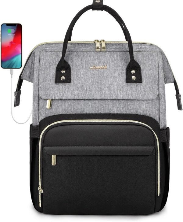 LOVEVOOK Laptop Backpack for Women Fashion Business Computer Backpacks Travel Bags Purse Doctor Nurse Work Backpack with USB Port, Fits 17-Inch Laptop Grey Black