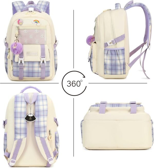 AO ALI VICTORY Girls Backpack 15.6 Inch Laptop School Bag Cute Kids Elementary College Backpacks Large Bookbags for Teen Girl Women Students Anti Theft Travel Daypack - Beige - Image 3