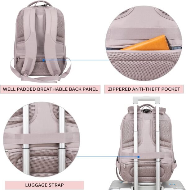 KROSER Travel Laptop Backpack 17 Inch Large Computer Backpack Water-Repellent Daypack with USB Charging Port & Headphone Interface RFID Pockets for Work/Business/College/Men/Women Dusty Pink(Quilted) - Image 6