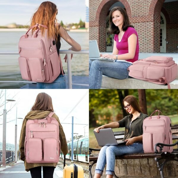 Mancro Travel Backpack for Women, 15.6 Inch Laptop Backpack with USB Charging Port, Waterproof Business Work Backpacks, Fashion College Backpack Gifts for Women, Pink - Image 8