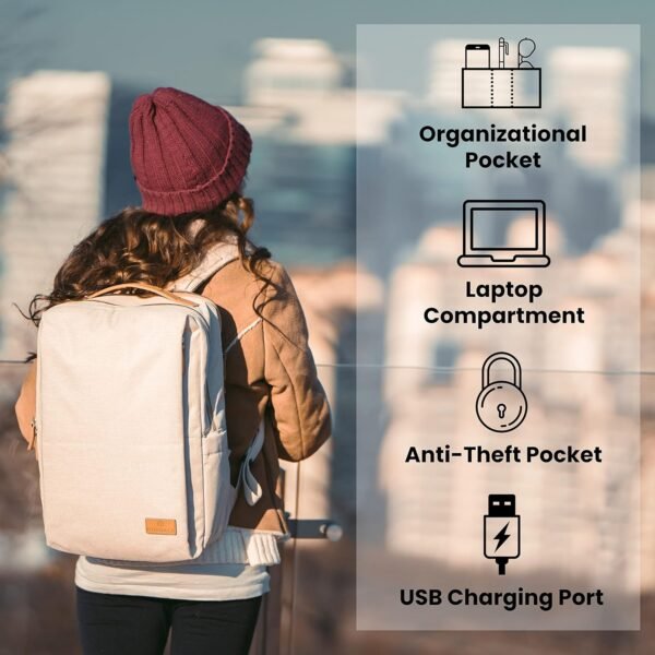 Nordace Siena Smart Backpack with USB Charging - 15.6 Inch Laptop Backpack, 19L Daily Backpack for Travel, Everyday, or Work (Beige) - Image 3