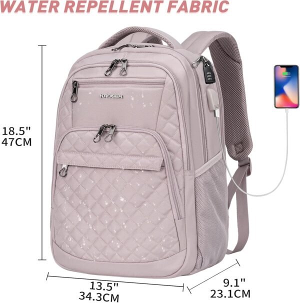 KROSER Travel Laptop Backpack 17 Inch Large Computer Backpack Water-Repellent Daypack with USB Charging Port & Headphone Interface RFID Pockets for Work/Business/College/Men/Women Dusty Pink(Quilted) - Image 5