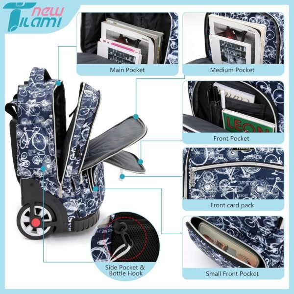 NEW TILAMI Rolling Backpack 19 inch Teens Rolling Backpack Cute Wheeled Computer Laptop Backpack Bookbag Roller Travel Bag College with Sneakers Bag, Bicycle Blue - Image 3