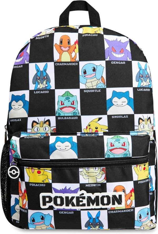 Pokemon Kids Backpack with Water Bottle Pocket for School, Sports, Travel - Anime Gifts (Black/White)