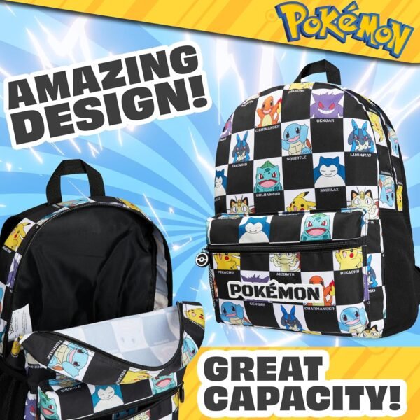 Pokemon Kids Backpack with Water Bottle Pocket for School, Sports, Travel - Anime Gifts (Black/White) - Image 3