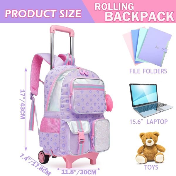 Meetbelify Backpack with Wheels for Girls Rolling Backpack Cute Carry on Backpack for Elementary Student - Image 2