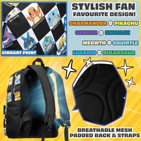 Pokemon Kids Backpack with Water Bottle Pocket for School, Sports, Travel - Anime Gifts (Black/White) - Image 4