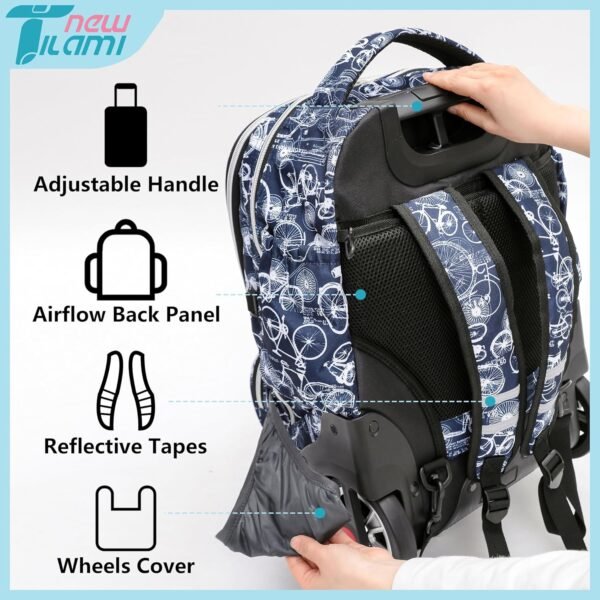 NEW TILAMI Rolling Backpack 19 inch Teens Rolling Backpack Cute Wheeled Computer Laptop Backpack Bookbag Roller Travel Bag College with Sneakers Bag, Bicycle Blue - Image 6