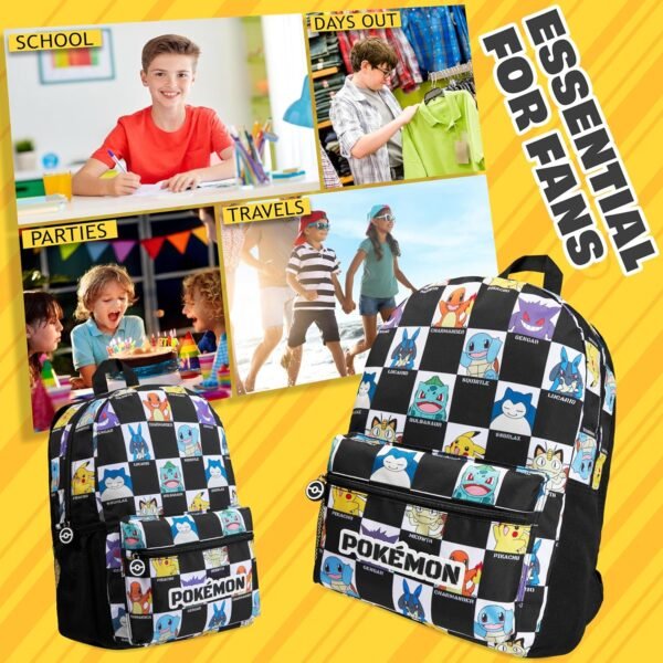 Pokemon Kids Backpack with Water Bottle Pocket for School, Sports, Travel - Anime Gifts (Black/White) - Image 5